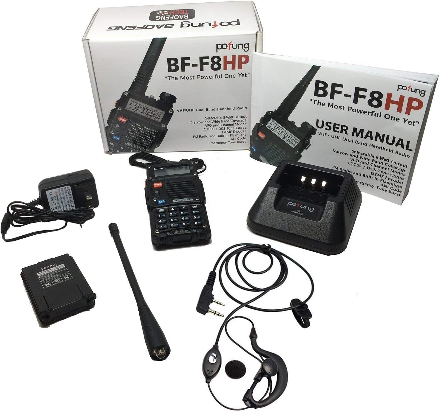 BAOFENG BF-F8HP (UV-5R 3rd Gen) 8-Watt Dual Band Two-Way Radio (136-174MHz VHF 400-520MHz UHF) Includes Full Kit with Large Battery