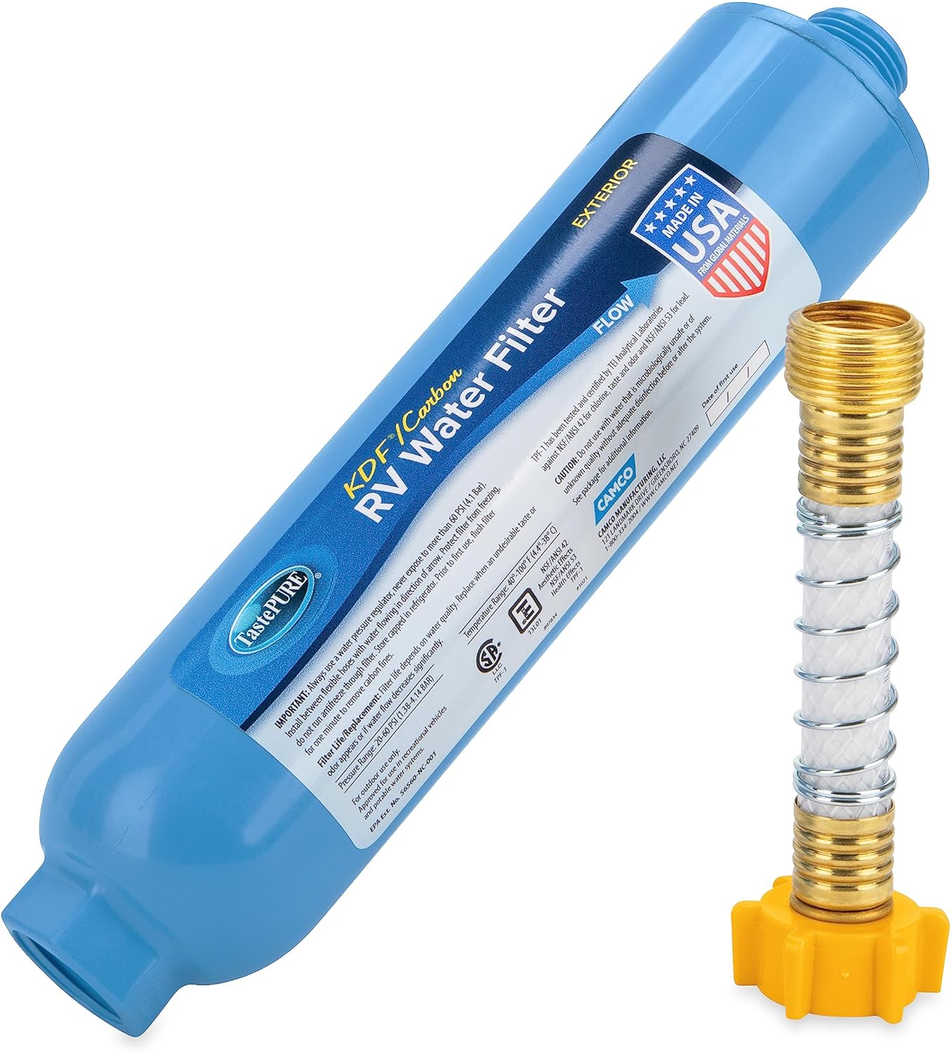 Camco TastePURE Camper/RV Water Filter Hose Protector | Inline Water Filter Reduces Bad Taste, Odor, Chlorine Sediment | Ideal for RVs, Campers, Travel Trailers, Boats | Made in the USA (40043)