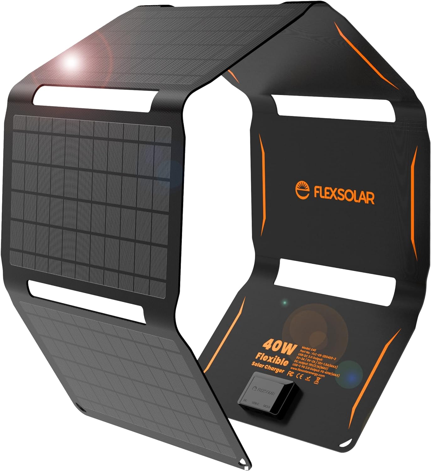 FlexSolar 40W Solar Chargers USB-A QC3.0 18W USB-C DC 40W Outputs Power Emergency ETFE Panels Foldable IP67 Waterproof Camping Backpacking Hiking for Phones Power Banks Tablets Small Power Station