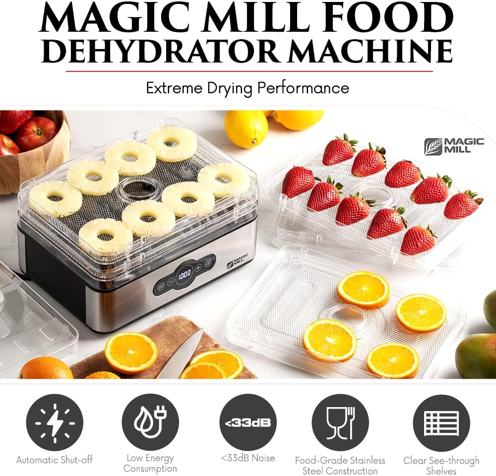 Magic Mill Food Dehydrator Machine | 5 Stackable Stainless Steel Trays Jerky Dryer with Digital Adjustable Timer and Temperature Control - Electric Food Preserver Machine with Powerful Drying Capacity for Fruits, Veggies, Meats Dog Treats (5 Stainless Steel Trays) (Stainless Steel Trays)