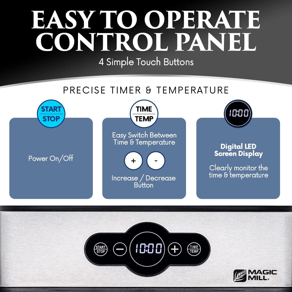 Magic Mill Food Dehydrator Machine | 5 Stackable Stainless Steel Trays Jerky Dryer with Digital Adjustable Timer and Temperature Control - Electric Food Preserver Machine with Powerful Drying Capacity for Fruits, Veggies, Meats Dog Treats (5 Stainless Steel Trays) (Stainless Steel Trays)