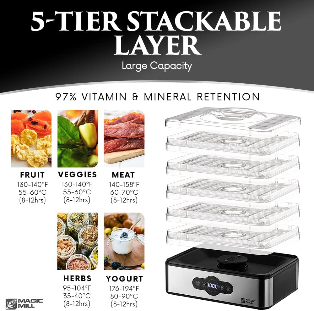 Magic Mill Food Dehydrator Machine | 5 Stackable Stainless Steel Trays Jerky Dryer with Digital Adjustable Timer and Temperature Control - Electric Food Preserver Machine with Powerful Drying Capacity for Fruits, Veggies, Meats Dog Treats (5 Stainless Steel Trays) (Stainless Steel Trays)