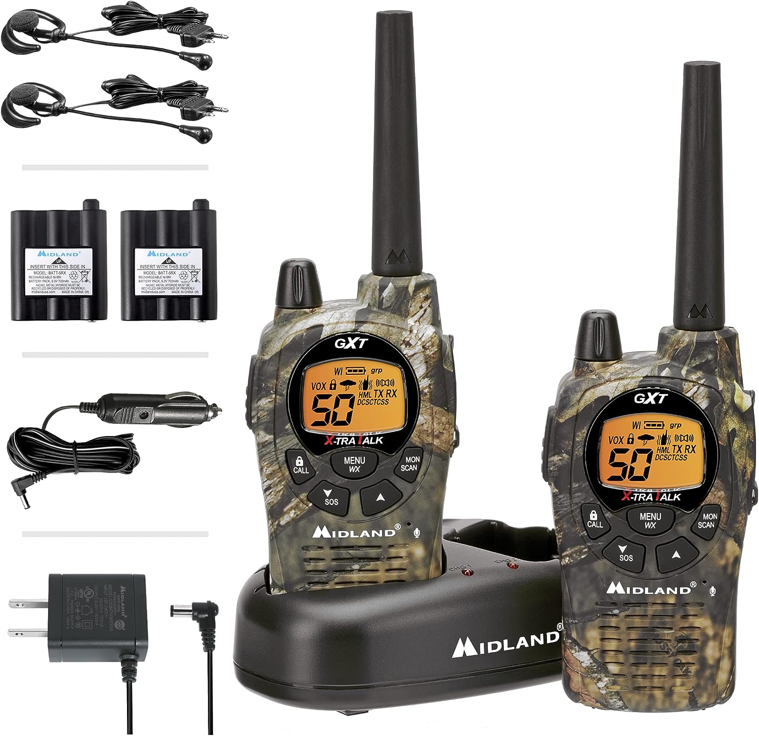 Midland – GXT1050VP4 - Handheld GMRS 50 Channel Two Way Radio - Long Range Walkie Talkies with Rechargeable Batteries - Hiking Hunting Camping Gear – Boom Mic headsets - Mossy Oak Camo – Combo 2 Pack