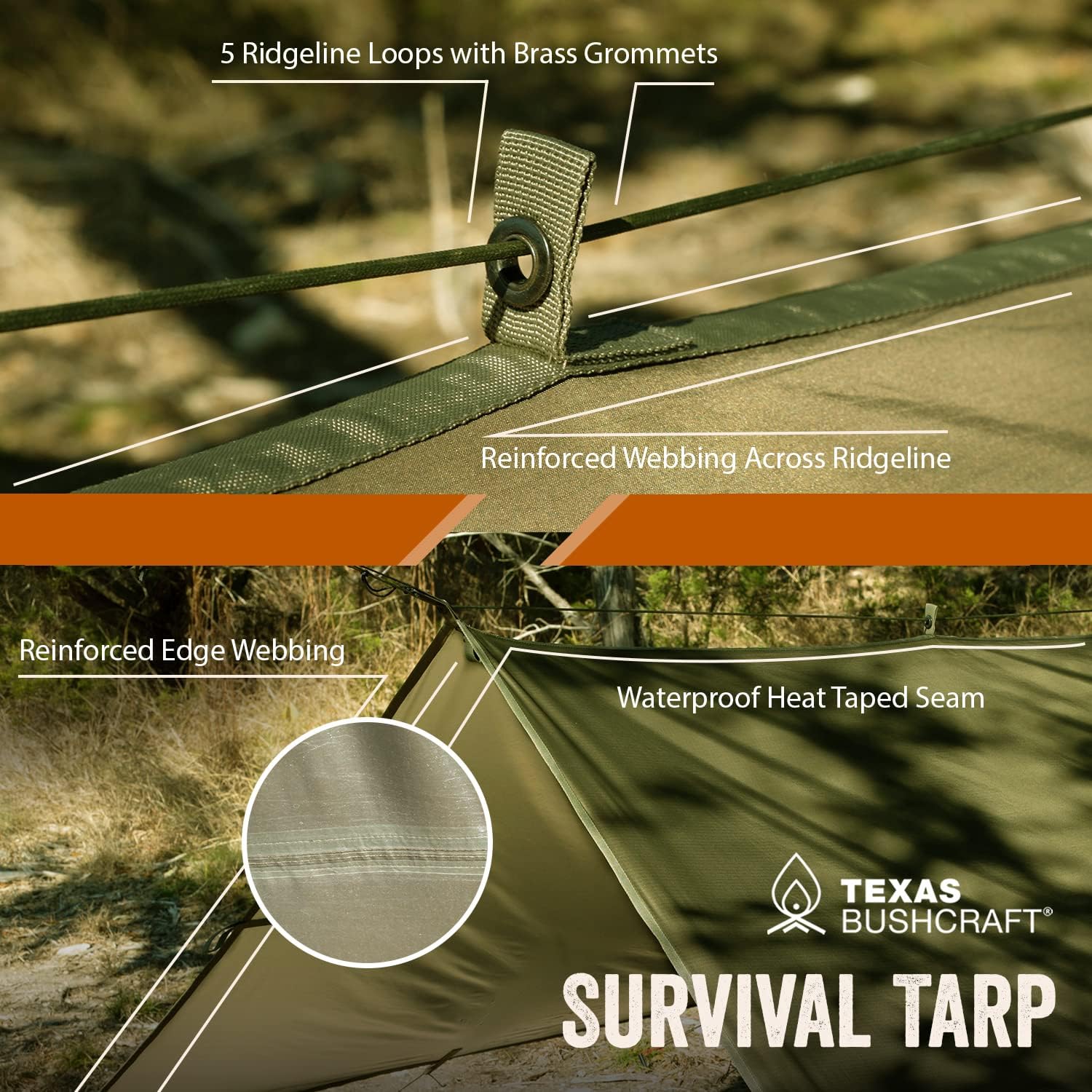 Texas Bushcraft Emergency Camping Tarp, Waterproof 10x10 Emergency Shelter for Backpacking and Hiking, 70D Ripstop Nylon Survival Tarp with Reflective Aluminized Polymer and Loop Ties with Grommets