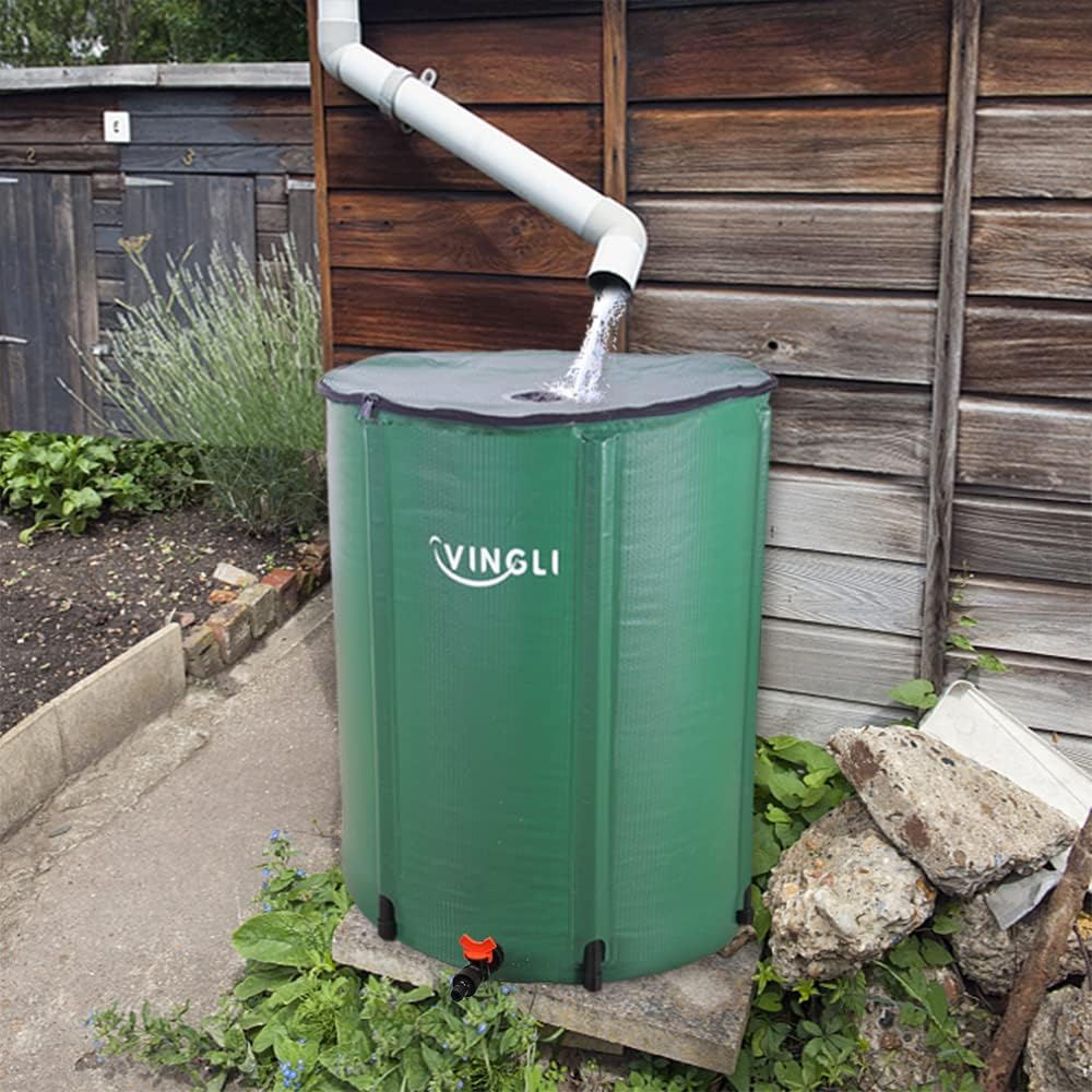 VINGLI 100 Gallon Collapsible Rain Barrel, Portable Water Storage Tank, Rainwater Collection System Downspout, Water Catcher Container with Filter Spigot Overflow Kit