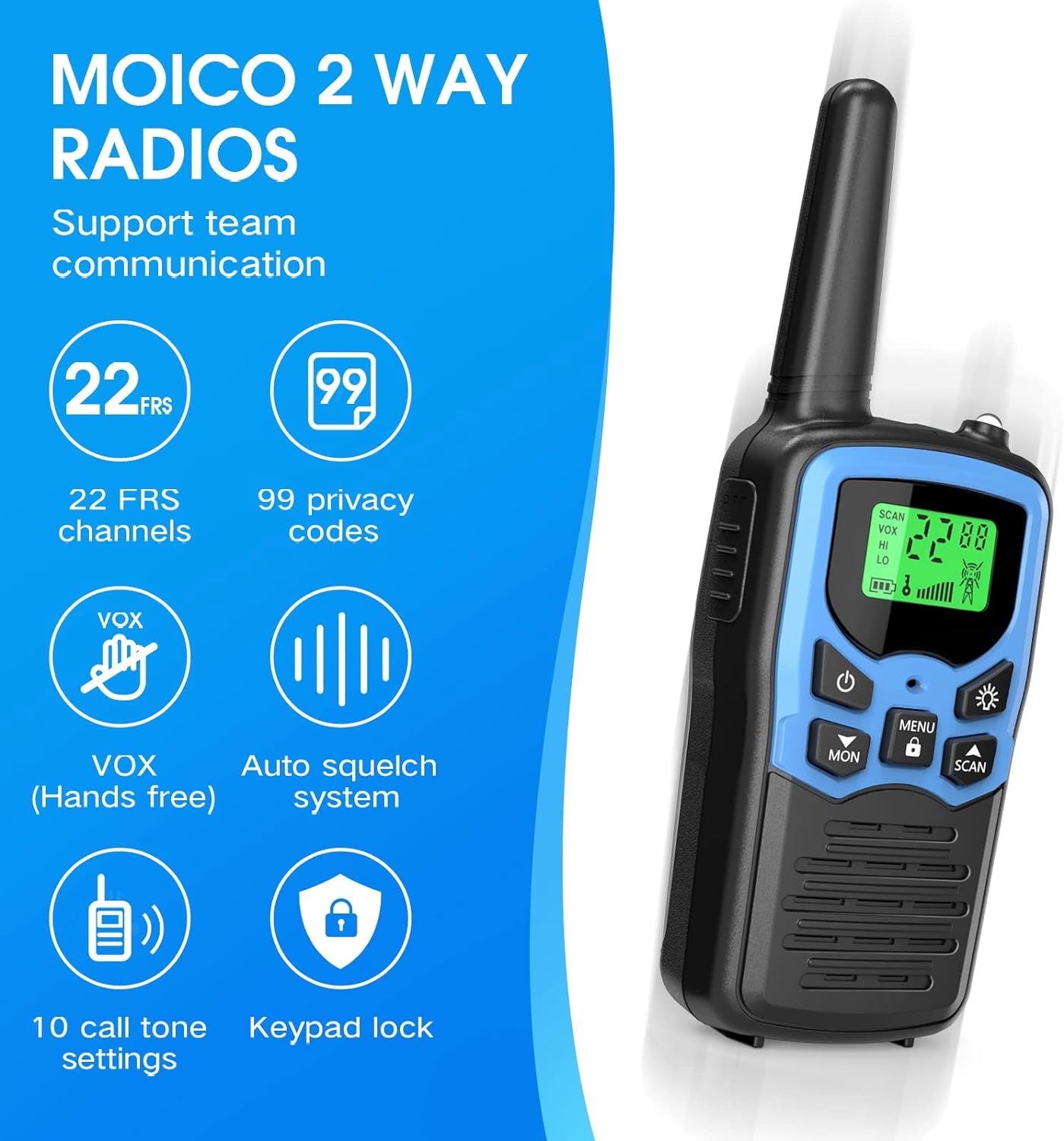 Walkie Talkies, MOICO Long Range Walkie Talkies for Adults with 22 FRS Channels, Family Walkie Talkie with LED Flashlight VOX LCD Display for Hiking Camping Trip (Orange 2 Pack)